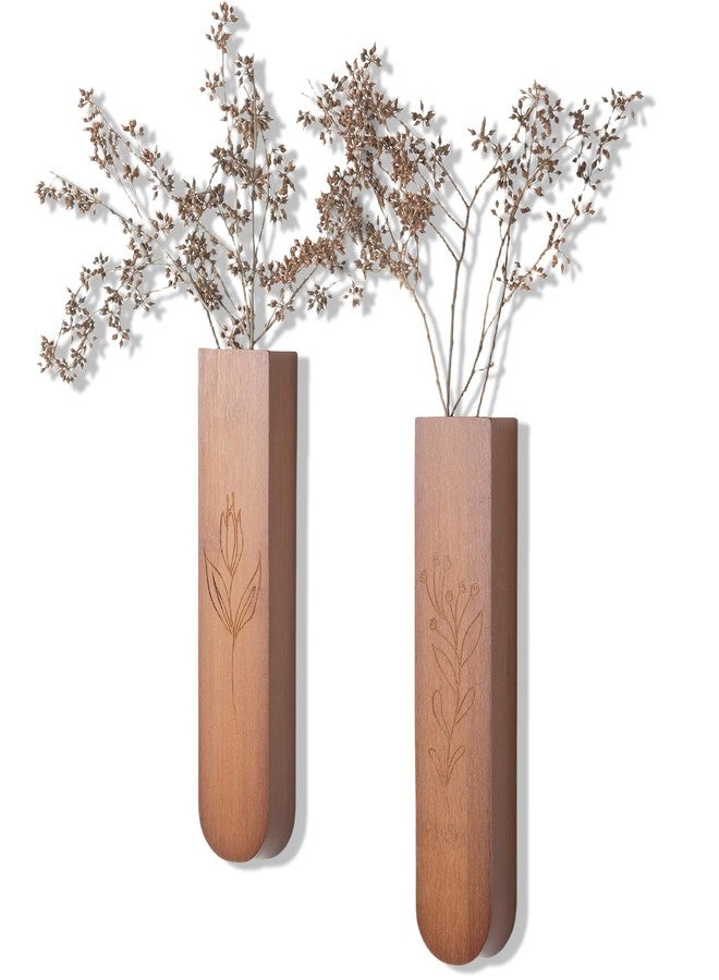WOPARTY Wood Wall Vase Set of 2, 11.6 x 2.52 x 1.37 inch for Dried Flowers and Faux Greenery Plants for Bathroom,Kitchen,Farmhouse,Dining Room Wall Decor （Brown - Image 1